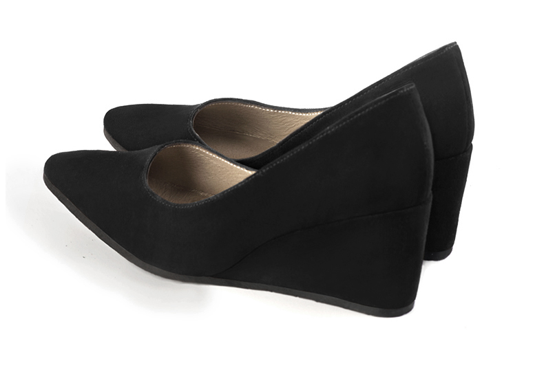 Matt black women's dress pumps,with a square neckline. Tapered toe. Medium wedge heels. Rear view - Florence KOOIJMAN